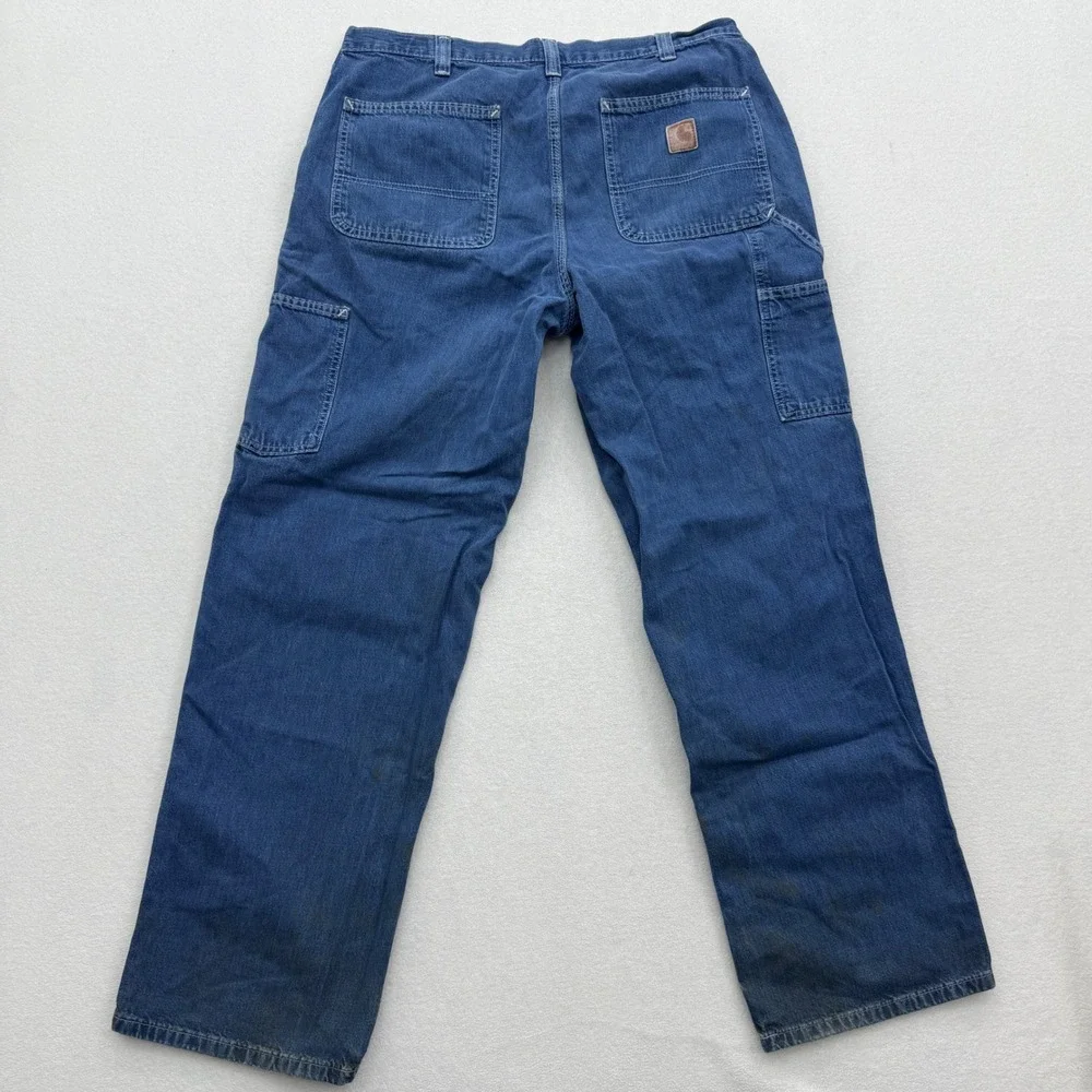Carhartt Dungaree Fit Work Pants Blue Denim Men Size 34x32‎ Worn In Distressed